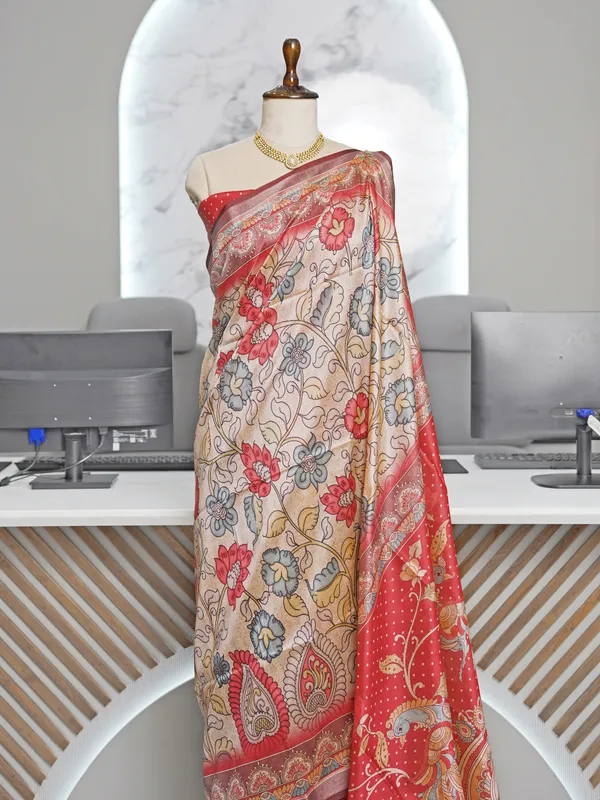 Soft_Tussar_Silk_sarees_with_Beautiful_Digital_Print_With_Attractive_Border_And_Contrast_Print_Blouse_With_Tassels