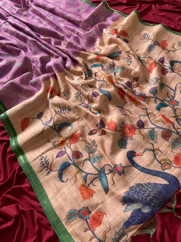Soft_Semi_Tussar_Silk_sarees_with_Beautiful_Digital_Print_With_Attractive_Border_And_Contrast_Print_Blouse_With_Tassels