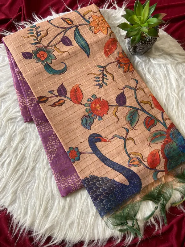 Soft_Semi_Tussar_Silk_sarees_with_Beautiful_Digital_Print_With_Attractive_Border_And_Contrast_Print_Blouse_With_Tassels