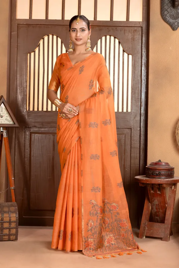Grisha_Orange_–_Floral_Pallu_Wedding_Special_|_Premium_Soft_Muga_Cotton_Saree_with_Colourful_Resham_Weaving_Flower_Design_Pallu