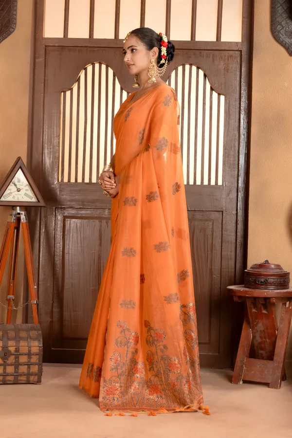Grisha_Orange_–_Floral_Pallu_Wedding_Special_|_Premium_Soft_Muga_Cotton_Saree_with_Colourful_Resham_Weaving_Flower_Design_Pallu