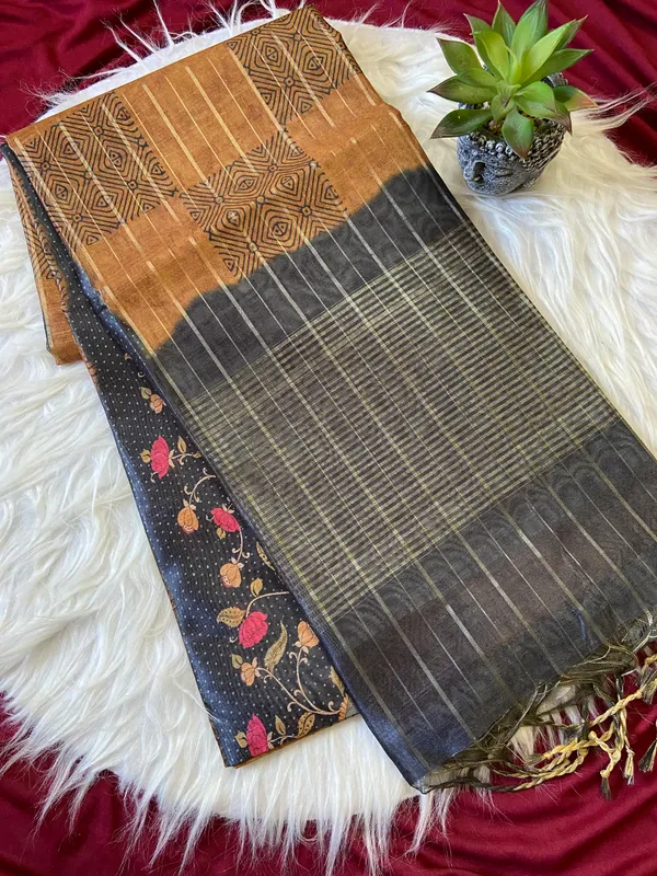 Soft_Semi_Tussar_Silk_sarees_with_Beautiful_Digital_Print_With_Attractive_Border_And_Contrast_Print_Blouse_With_Tassels