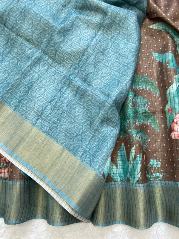 Jisha_Rama_Green_–_Checks_Design_Aesthetic_Edit_for_You_|_Soft_Tussar_Silk_Saree_with_Digital_Print,_Checks_Design_Saree_&_Digital_Print_Blouse