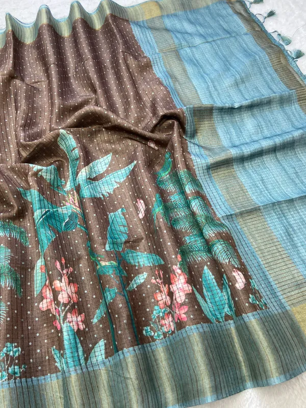 Jisha_Rama_Green_–_Checks_Design_Aesthetic_Edit_for_You_|_Soft_Tussar_Silk_Saree_with_Digital_Print,_Checks_Design_Saree_&_Digital_Print_Blouse