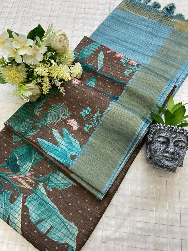 Jisha_Rama_Green_–_Checks_Design_Aesthetic_Edit_for_You_|_Soft_Tussar_Silk_Saree_with_Digital_Print,_Checks_Design_Saree_&_Digital_Print_Blouse