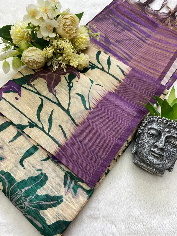 Soft_Tussar_Silk_sarees_with_Beautiful_Digital_Print_With_Attractive_Border_And_Contrast_Print_Blouse_With_Tassels