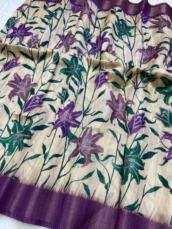 Soft_Tussar_Silk_sarees_with_Beautiful_Digital_Print_With_Attractive_Border_And_Contrast_Print_Blouse_With_Tassels