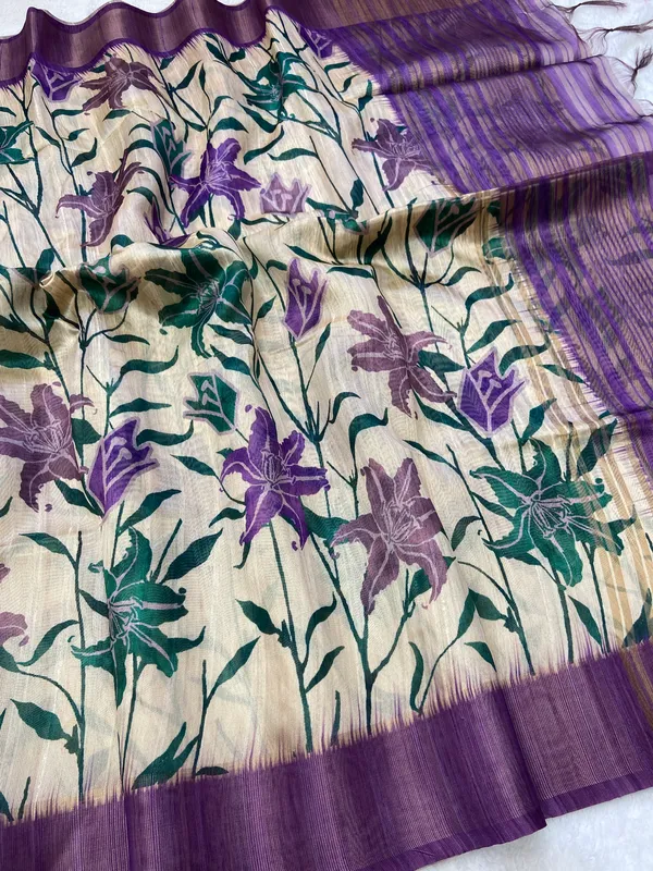 Soft_Tussar_Silk_sarees_with_Beautiful_Digital_Print_With_Attractive_Border_And_Contrast_Print_Blouse_With_Tassels