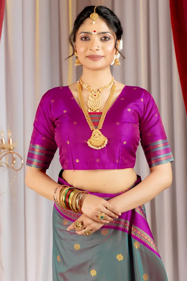 Narayana_Pattu_Narayanpet_Silk_sarees_with_Beautiful_Booti_in_Contrast_Violet-Grey_Shades_With_Attractive_Weaving_Gold_Zari_Design_And_Contrast_Blouse_With_Tassels