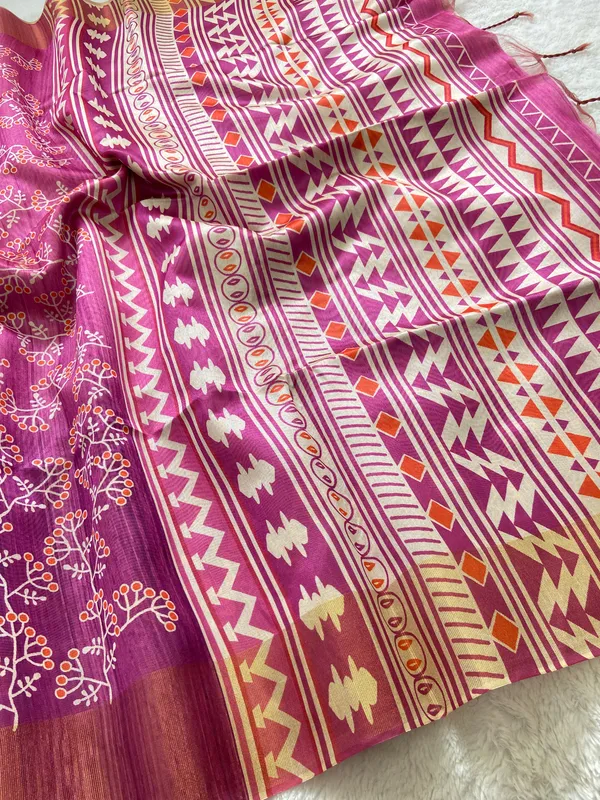 Lilavati_Wine_No.2_–_Charming_Diwali_Special_|_Soft_Tussar_Silk_Saree_with_Print,_Border_&_Contrast_Print_Blouse_with_Tassels