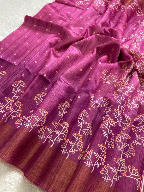Lilavati_Wine_No.2_–_Charming_Diwali_Special_|_Soft_Tussar_Silk_Saree_with_Print,_Border_&_Contrast_Print_Blouse_with_Tassels