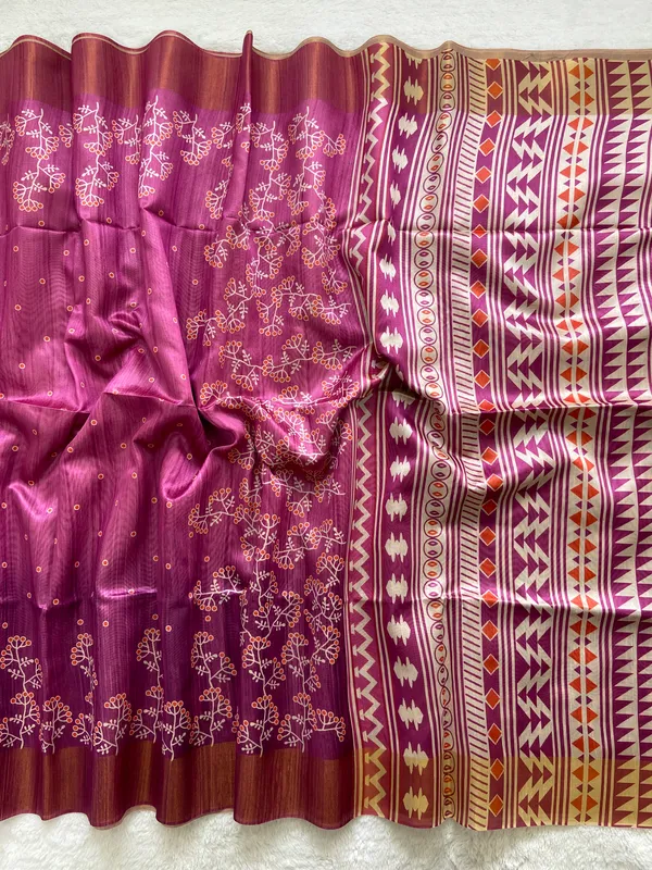 Lilavati_Wine_No.2_–_Charming_Diwali_Special_|_Soft_Tussar_Silk_Saree_with_Print,_Border_&_Contrast_Print_Blouse_with_Tassels