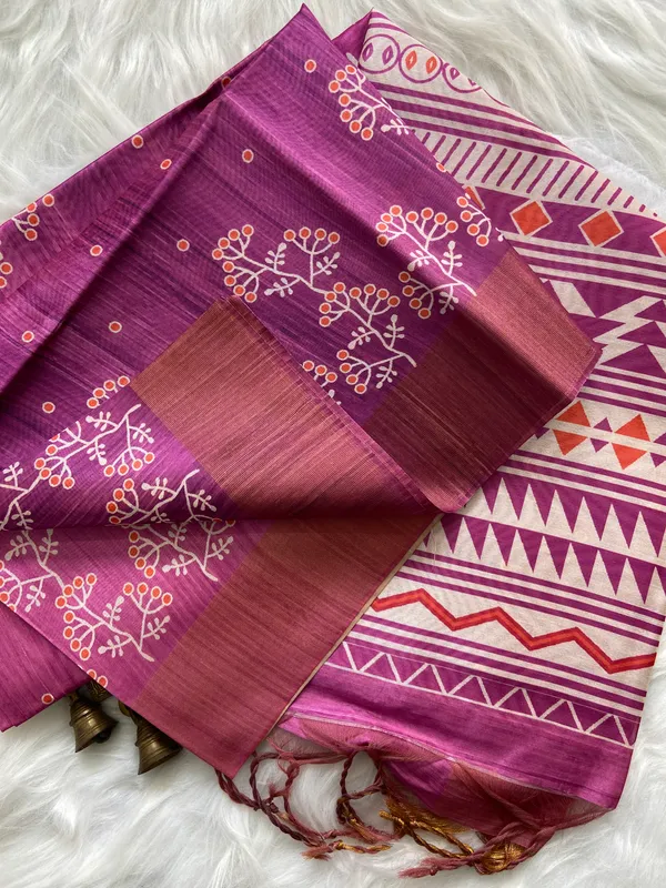 Lilavati_Wine_No.2_–_Charming_Diwali_Special_|_Soft_Tussar_Silk_Saree_with_Print,_Border_&_Contrast_Print_Blouse_with_Tassels