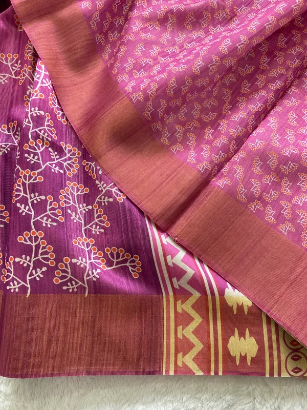 Lilavati_Wine_No.2_–_Charming_Diwali_Special_|_Soft_Tussar_Silk_Saree_with_Print,_Border_&_Contrast_Print_Blouse_with_Tassels