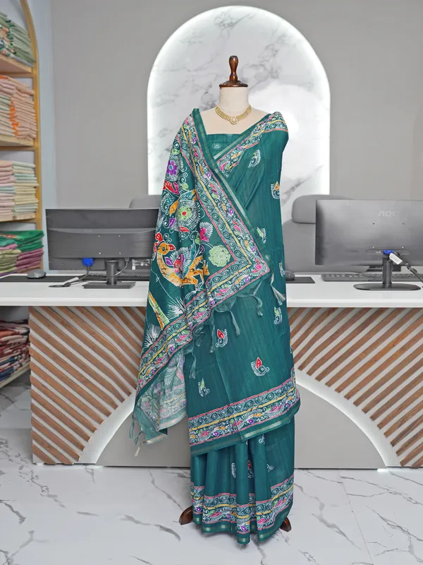 Soft_Tussar_Silk_sarees_with_Beautiful_Digital_Print_With_Attractive_Border_And_Contrast_Print_Blouse_With_Tassels