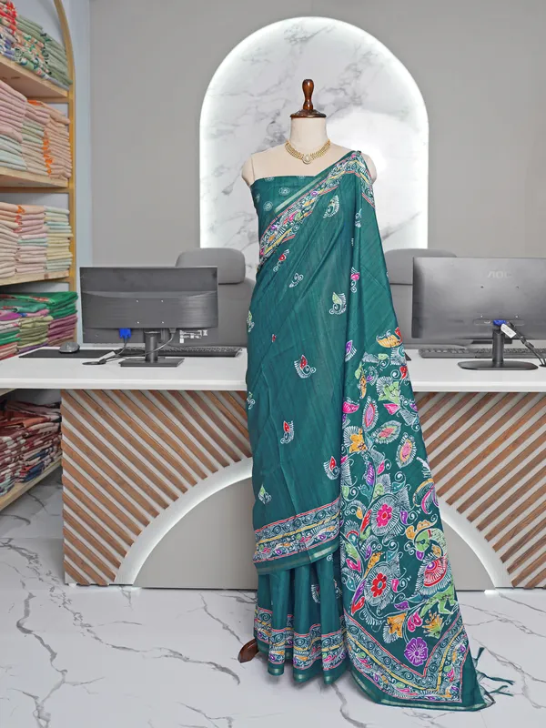 Soft_Tussar_Silk_sarees_with_Beautiful_Digital_Print_With_Attractive_Border_And_Contrast_Print_Blouse_With_Tassels