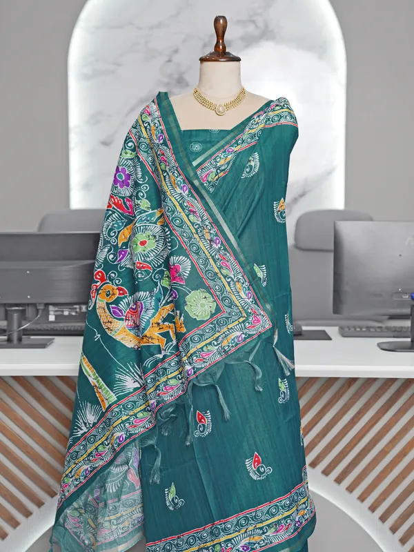 Soft_Tussar_Silk_sarees_with_Beautiful_Digital_Print_With_Attractive_Border_And_Contrast_Print_Blouse_With_Tassels