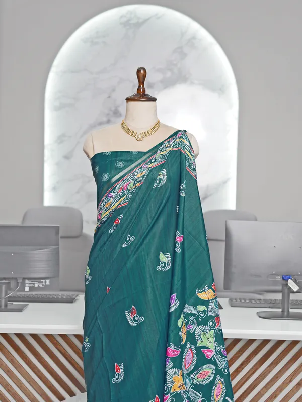 Soft_Tussar_Silk_sarees_with_Beautiful_Digital_Print_With_Attractive_Border_And_Contrast_Print_Blouse_With_Tassels