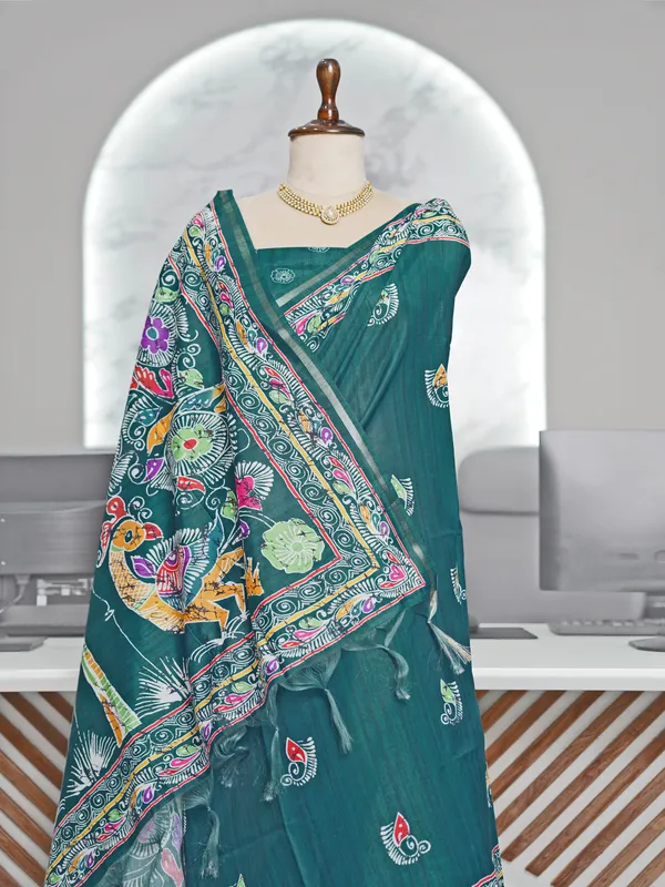 Soft_Tussar_Silk_sarees_with_Beautiful_Digital_Print_With_Attractive_Border_And_Contrast_Print_Blouse_With_Tassels