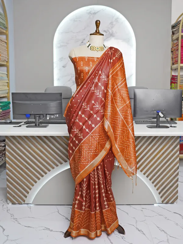 Soft_Tussar_Silk_sarees_with_Beautiful_Digital_Print_With_Attractive_Border_And_Contrast_Print_Blouse_With_Tassels