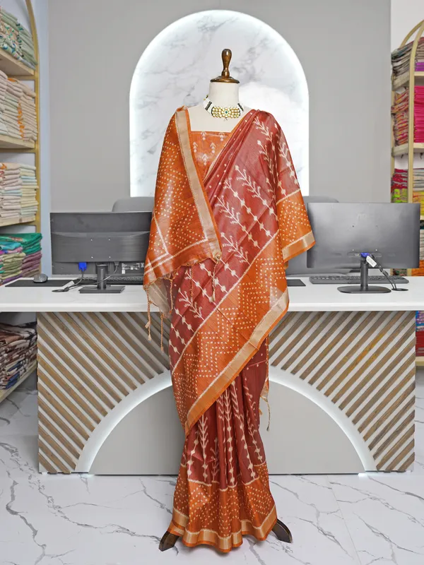 Soft_Tussar_Silk_sarees_with_Beautiful_Digital_Print_With_Attractive_Border_And_Contrast_Print_Blouse_With_Tassels