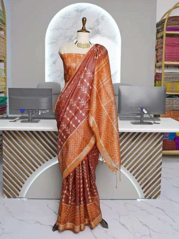 Soft_Tussar_Silk_sarees_with_Beautiful_Digital_Print_With_Attractive_Border_And_Contrast_Print_Blouse_With_Tassels