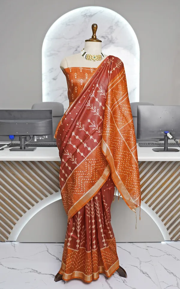 Soft_Tussar_Silk_sarees_with_Beautiful_Digital_Print_With_Attractive_Border_And_Contrast_Print_Blouse_With_Tassels