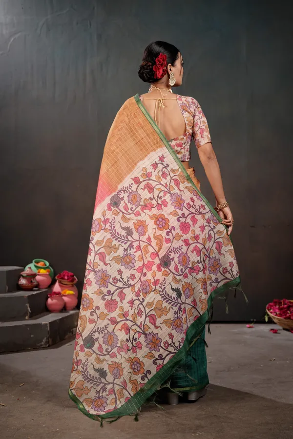 Soft_Semi_Tussar_Silk_sarees_with_Beautiful_Digital_Print_With_Attractive_Border_And_Contrast_Print_Blouse_With_Tassels
