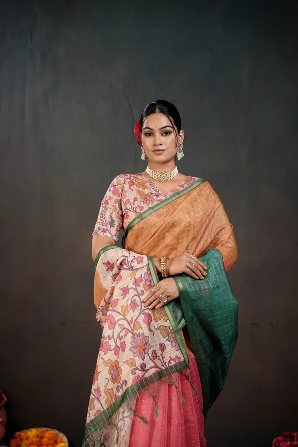 Soft_Semi_Tussar_Silk_sarees_with_Beautiful_Digital_Print_With_Attractive_Border_And_Contrast_Print_Blouse_With_Tassels