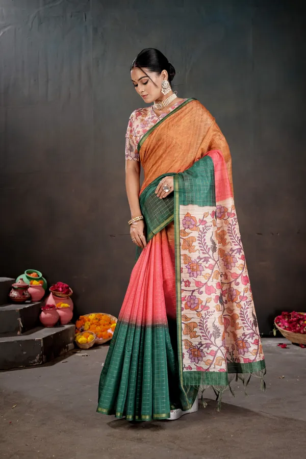Soft_Semi_Tussar_Silk_sarees_with_Beautiful_Digital_Print_With_Attractive_Border_And_Contrast_Print_Blouse_With_Tassels