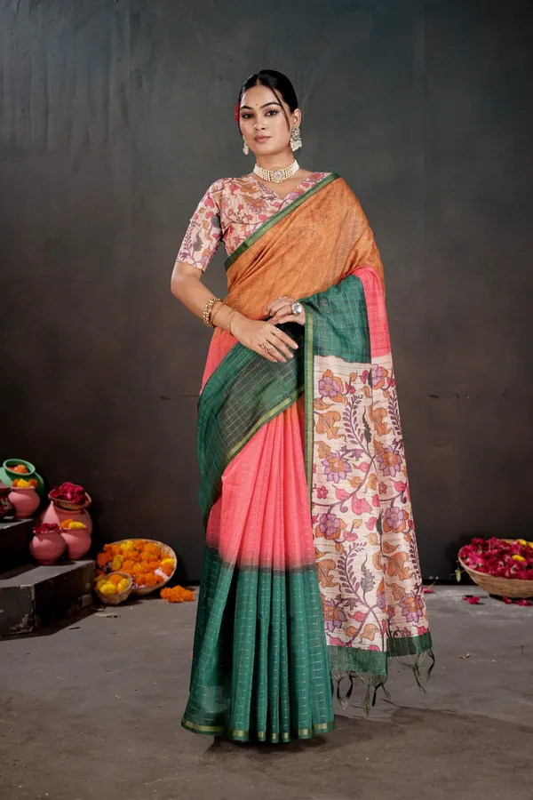 Soft_Semi_Tussar_Silk_sarees_with_Beautiful_Digital_Print_With_Attractive_Border_And_Contrast_Print_Blouse_With_Tassels
