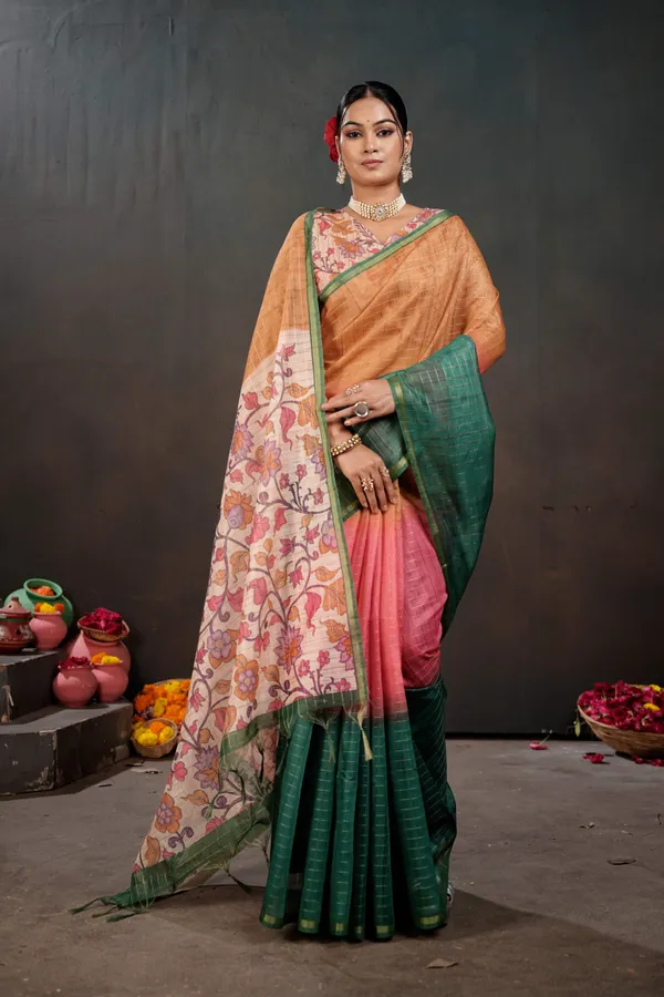 Soft_Semi_Tussar_Silk_sarees_with_Beautiful_Digital_Print_With_Attractive_Border_And_Contrast_Print_Blouse_With_Tassels