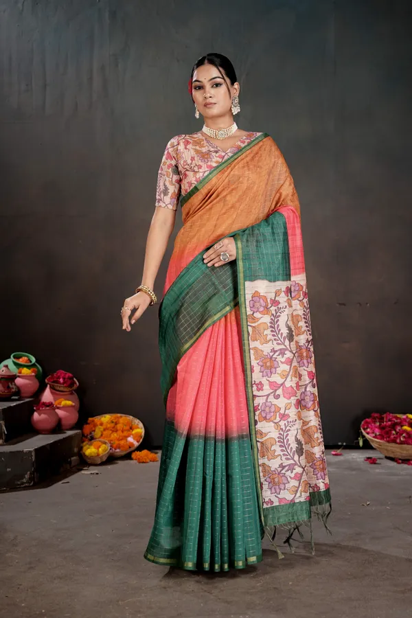 Soft_Semi_Tussar_Silk_sarees_with_Beautiful_Digital_Print_With_Attractive_Border_And_Contrast_Print_Blouse_With_Tassels