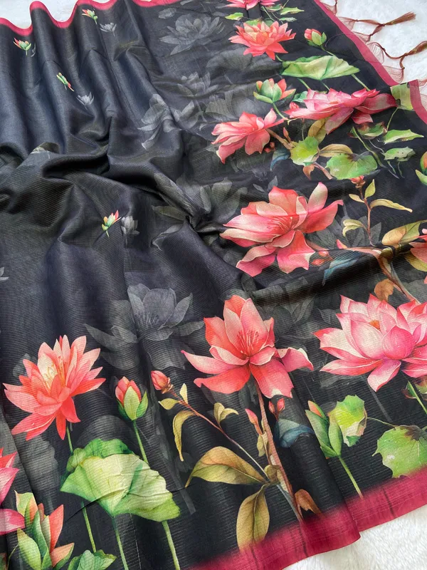 Abha_Black_–_Radiant_Aesthetic_Edit_for_You_|_Soft_Tussar_Silk_Saree_with_Digital_Print,_Zari_Line_Saree_&_Digital_Print_Blouse_with_Tassels
