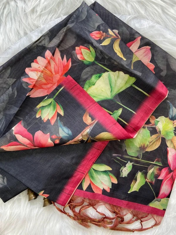 Abha_Black_–_Radiant_Aesthetic_Edit_for_You_|_Soft_Tussar_Silk_Saree_with_Digital_Print,_Zari_Line_Saree_&_Digital_Print_Blouse_with_Tassels