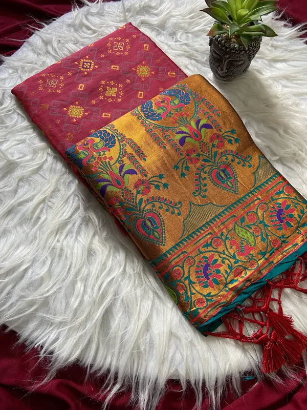 Premium_Soft_Paithani_Silk_sarees_With_Beautiful_Weaving_Pattern_With_Attractive_Rich_Pallu_And_Border_And_Weaving_Blouse_With_Tassels