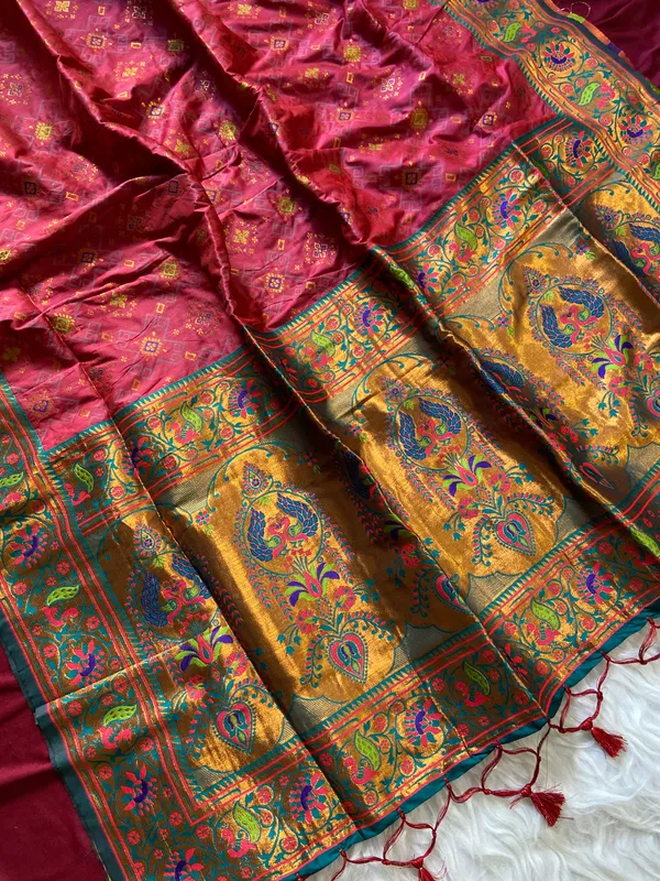 Premium_Soft_Paithani_Silk_sarees_With_Beautiful_Weaving_Pattern_With_Attractive_Rich_Pallu_And_Border_And_Weaving_Blouse_With_Tassels