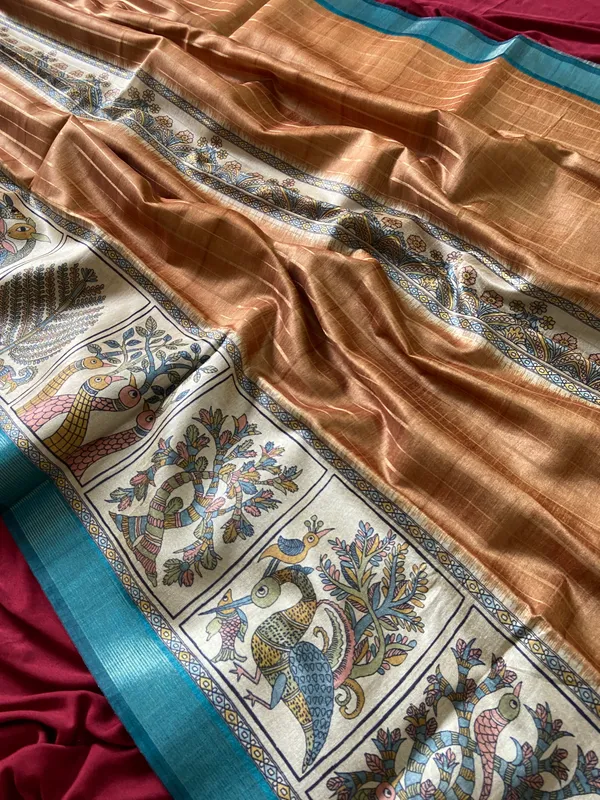 Soft_Semi_Tussar_Silk_sarees_with_Beautiful_Digital_Print_With_Attractive_Border_And_Contrast_Print_Blouse_With_Tassels