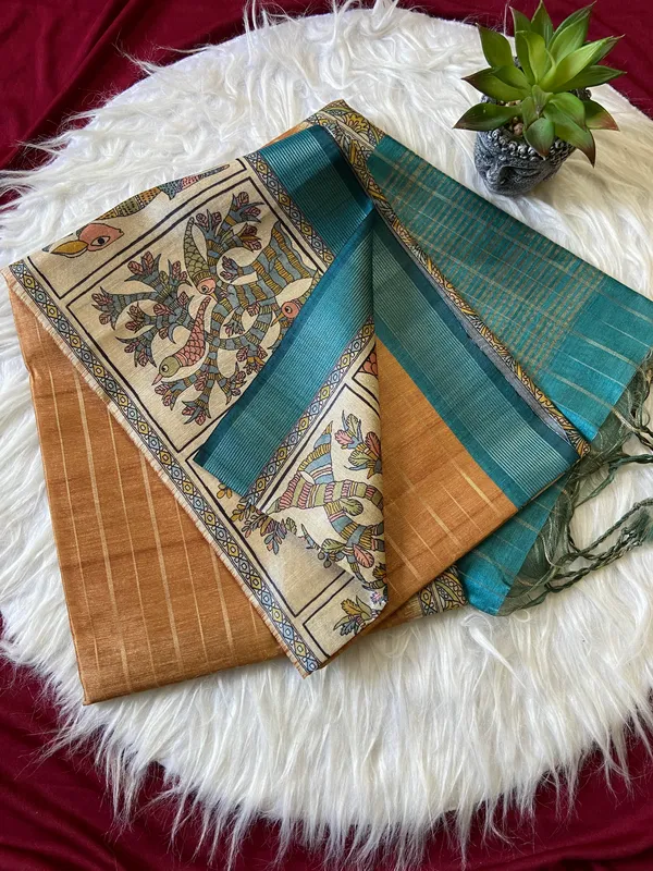 Soft_Semi_Tussar_Silk_sarees_with_Beautiful_Digital_Print_With_Attractive_Border_And_Contrast_Print_Blouse_With_Tassels