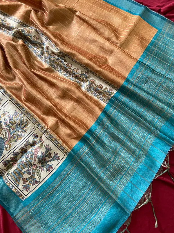 Soft_Semi_Tussar_Silk_sarees_with_Beautiful_Digital_Print_With_Attractive_Border_And_Contrast_Print_Blouse_With_Tassels