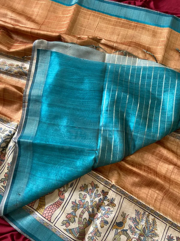 Soft_Semi_Tussar_Silk_sarees_with_Beautiful_Digital_Print_With_Attractive_Border_And_Contrast_Print_Blouse_With_Tassels