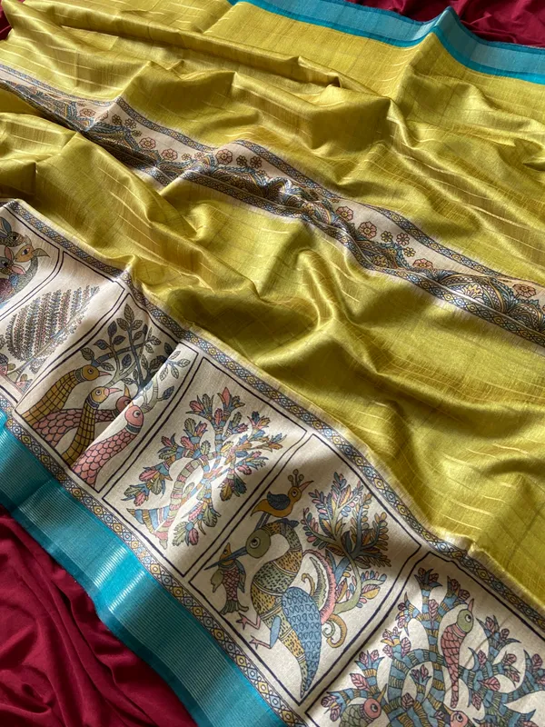 Soft_Semi_Tussar_Silk_sarees_with_Beautiful_Digital_Print_With_Attractive_Border_And_Contrast_Print_Blouse_With_Tassels