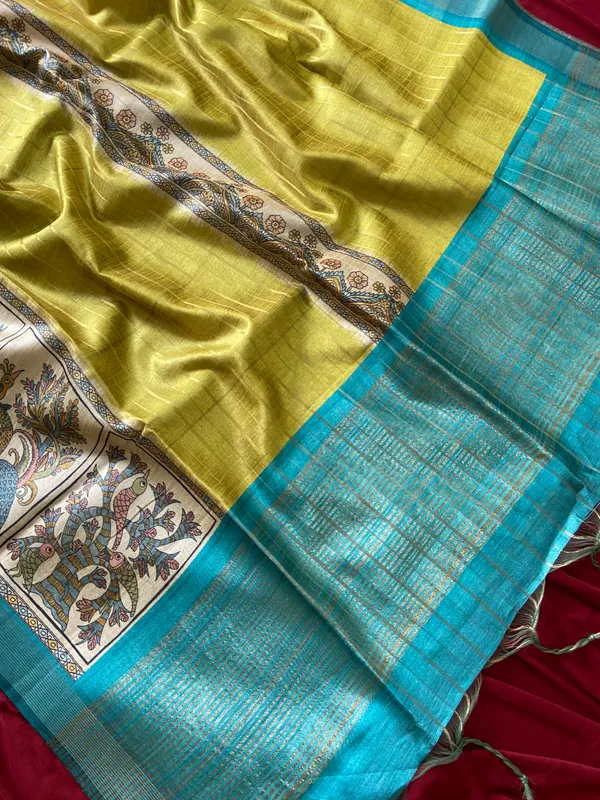 Soft_Semi_Tussar_Silk_sarees_with_Beautiful_Digital_Print_With_Attractive_Border_And_Contrast_Print_Blouse_With_Tassels