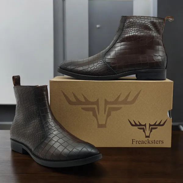 Freacksters_Men's_Brown_Croco_Pattern_Leather_Chelsea_Boots_with_Side_Zip