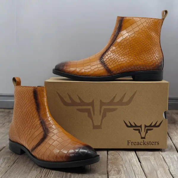 Freacksters_Men's_Tan_Croco_Pattern_Leather_Chelsea_Boots_with_Side_Zip
