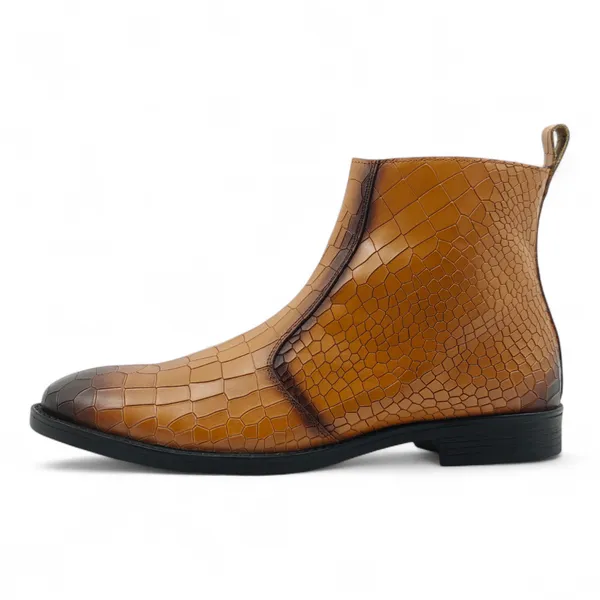 Freacksters_Men's_Tan_Croco_Pattern_Leather_Chelsea_Boots_with_Side_Zip