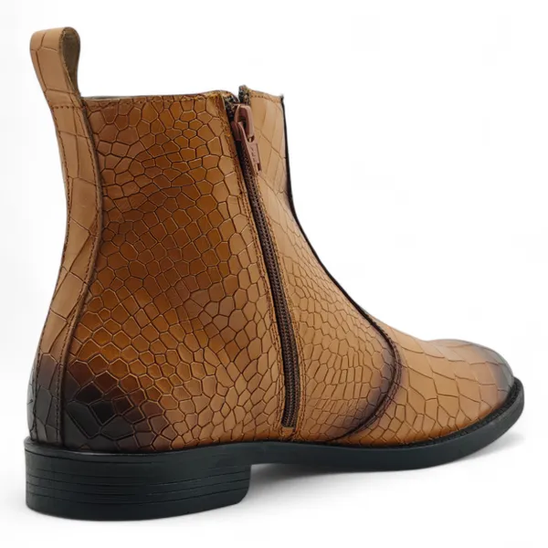 Freacksters_Men's_Tan_Croco_Pattern_Leather_Chelsea_Boots_with_Side_Zip