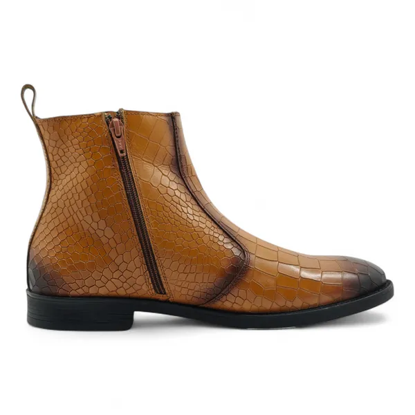 Freacksters_Men's_Tan_Croco_Pattern_Leather_Chelsea_Boots_with_Side_Zip