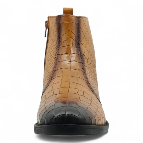Freacksters_Men's_Tan_Croco_Pattern_Leather_Chelsea_Boots_with_Side_Zip