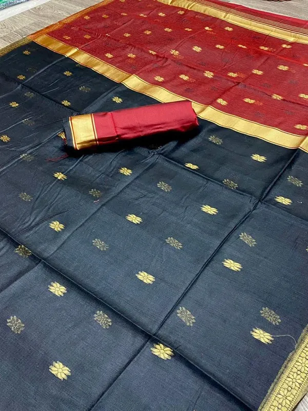 Flamboyant_Black_Cotton_Silk_Saree_With_Staring_Blouse_Piece